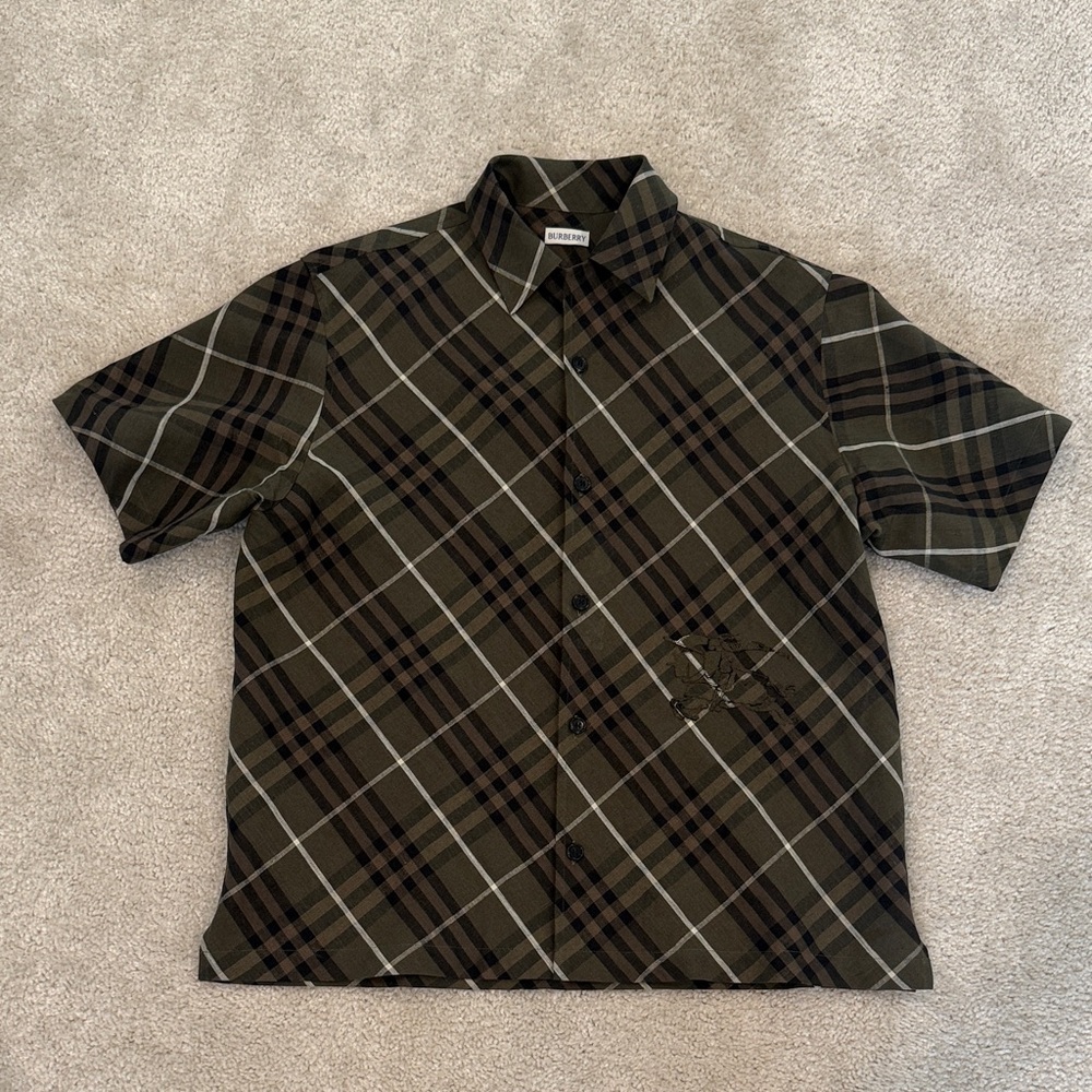 Burberry Olive Green Plaid Short Sleeve Button-Down Shirt
